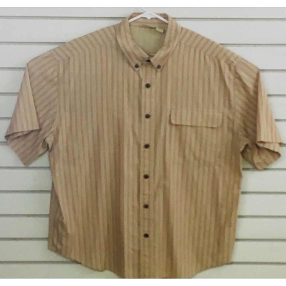 Mens XXL Ruff Hewn Shirt Tan Red Striped Vented Back Button Down‎ Short Sleeve